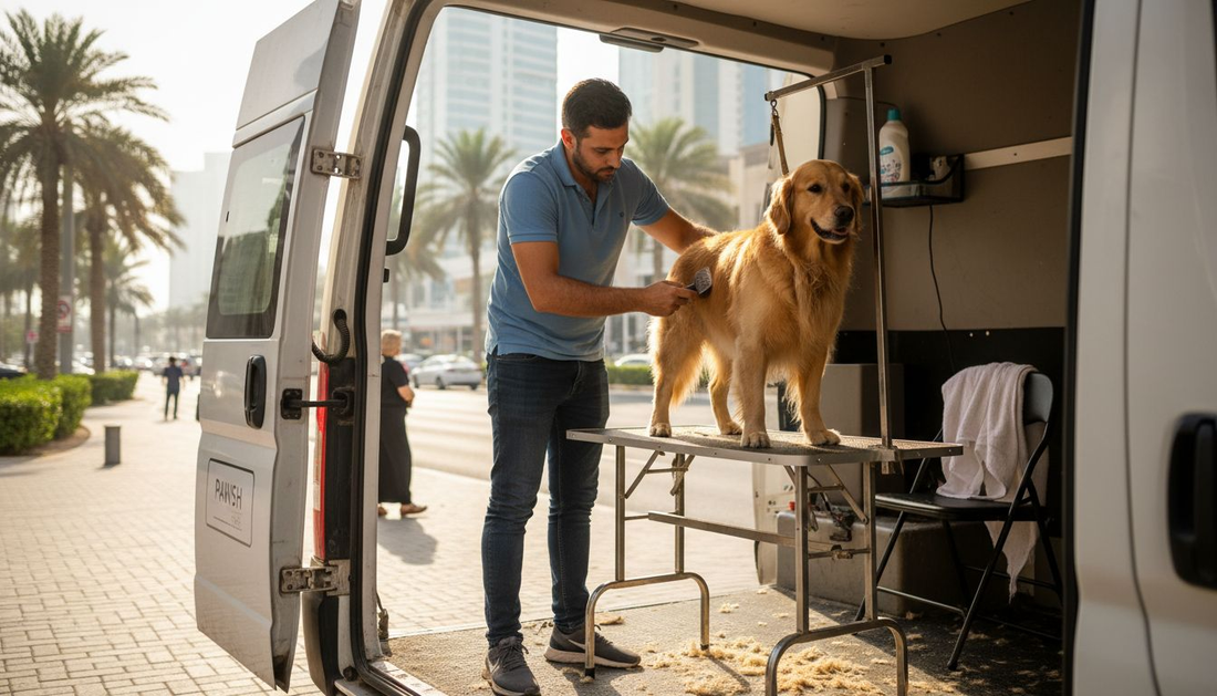 Mobile groomer brushing dog in Dubai van