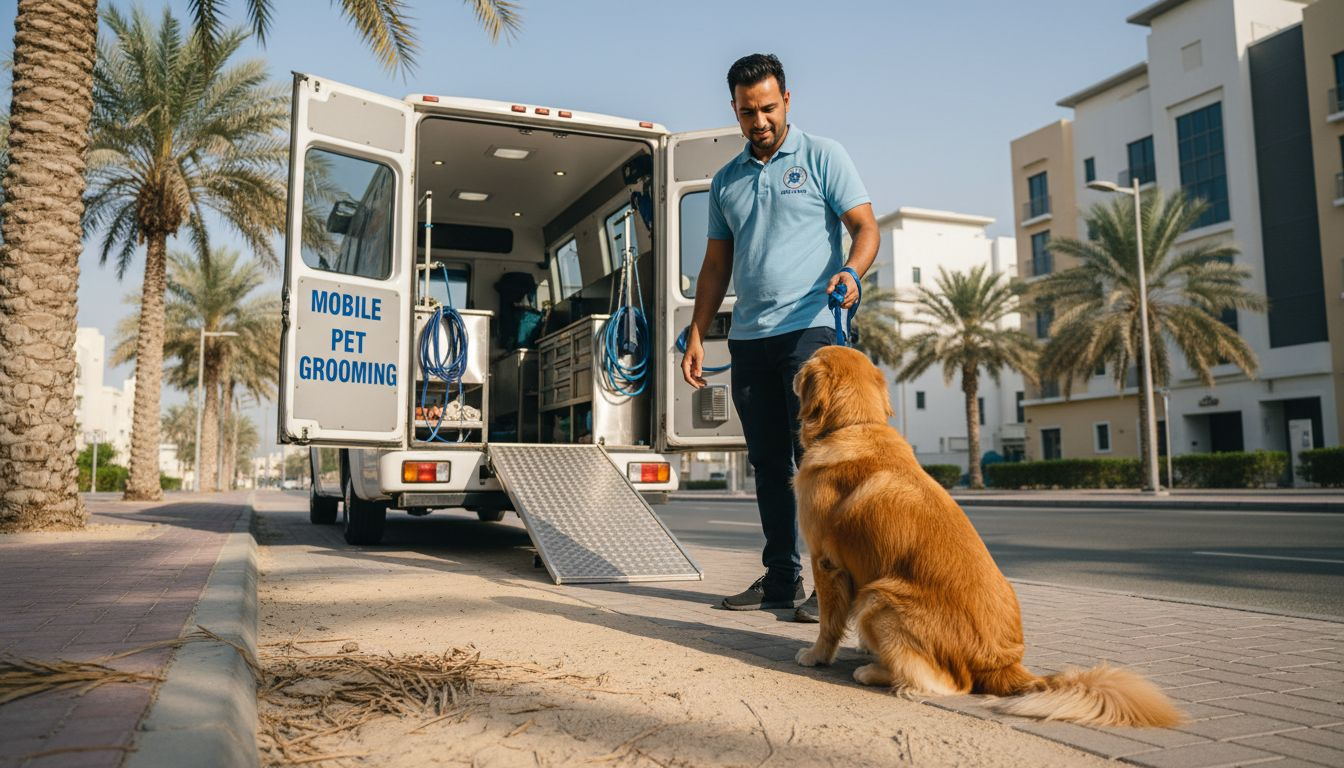 Mobile groomer and van on Dubai street