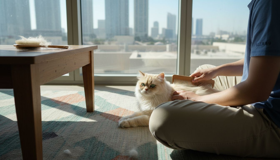 Grooming long-haired cat in Dubai apartment