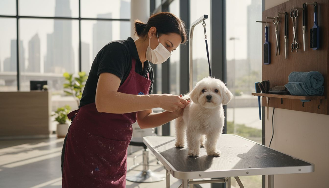 Certified groomer caring for small dog in salon