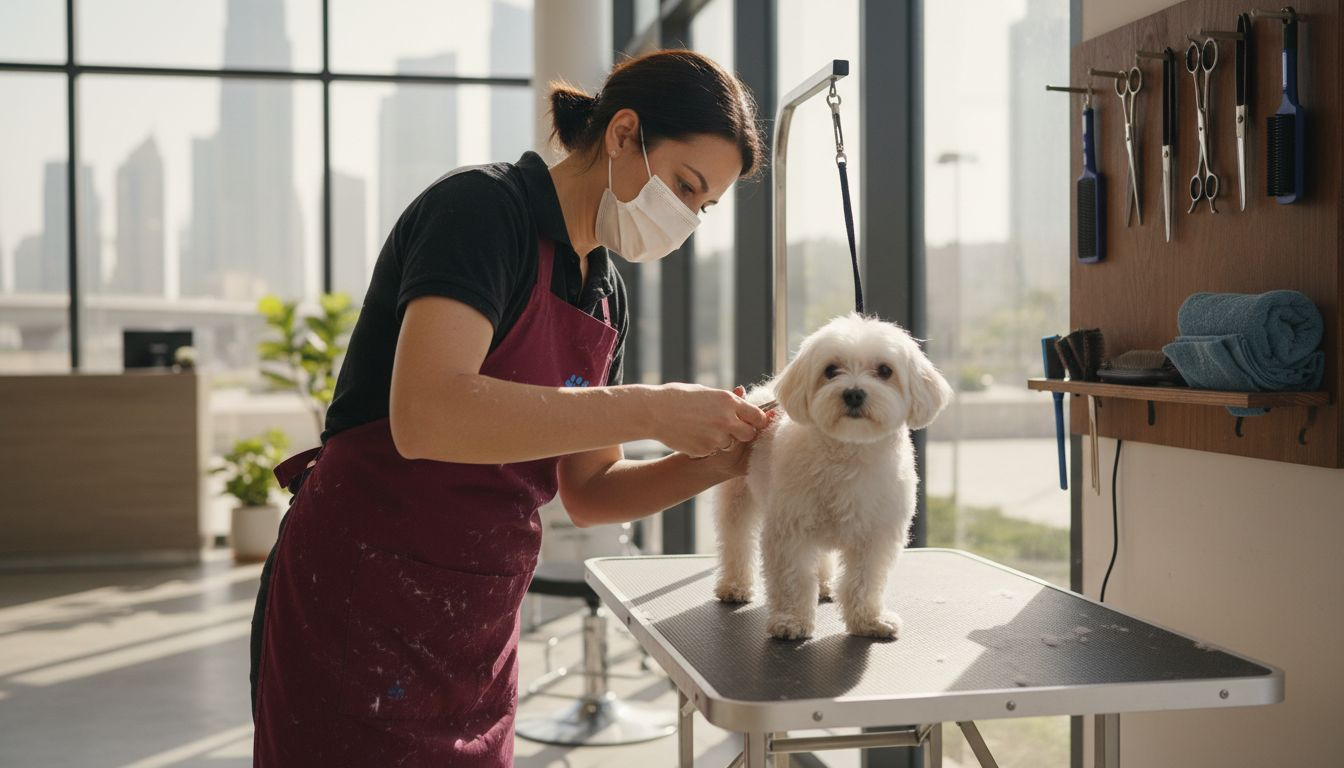 Certified groomer caring for small dog in salon