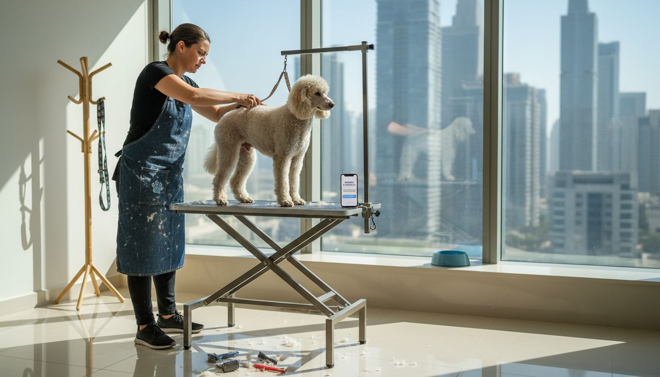 Pet groomer trimming dog in Dubai apartment