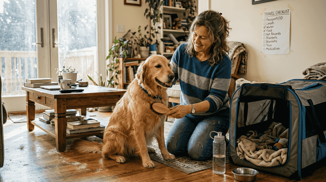 Owner grooming dog before travel at home