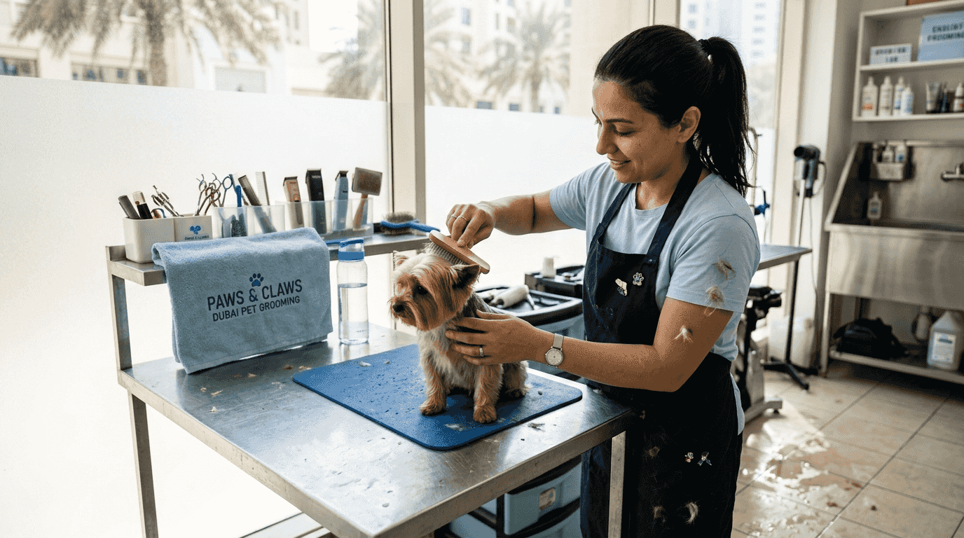 Pet groomer brushing Yorkshire Terrier in Dubai studio