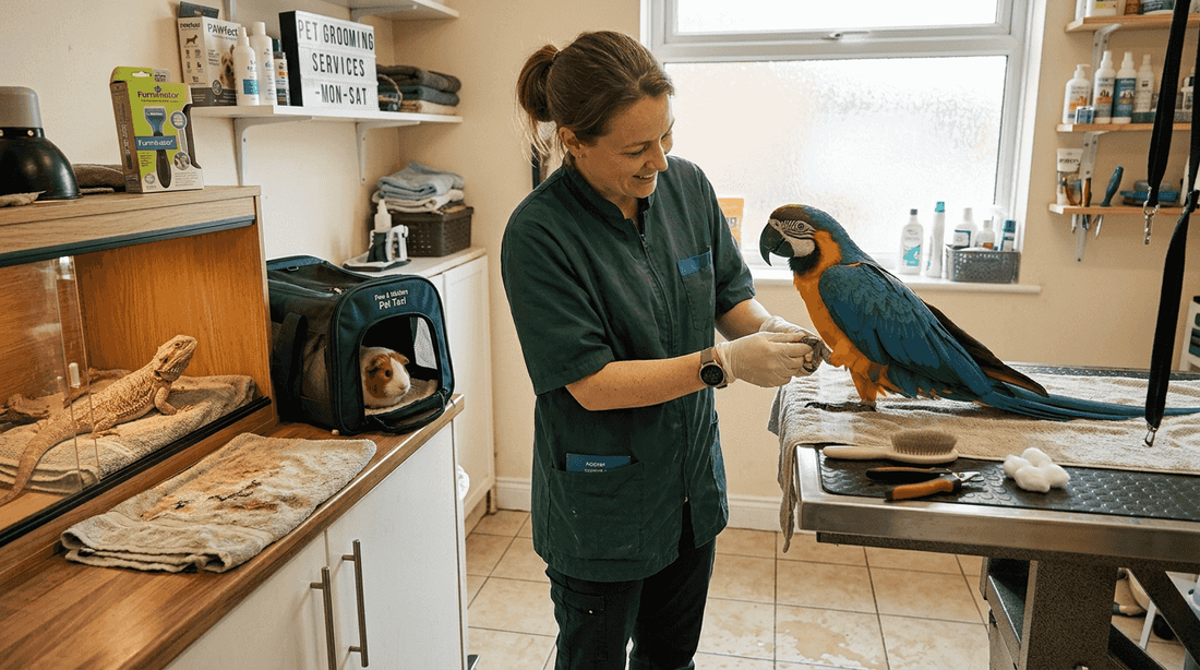Groomer caring for exotic pets in studio