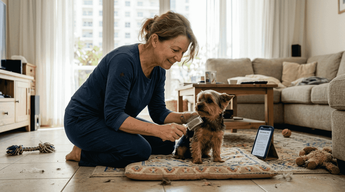 Woman grooming Yorkshire Terrier in Dubai home