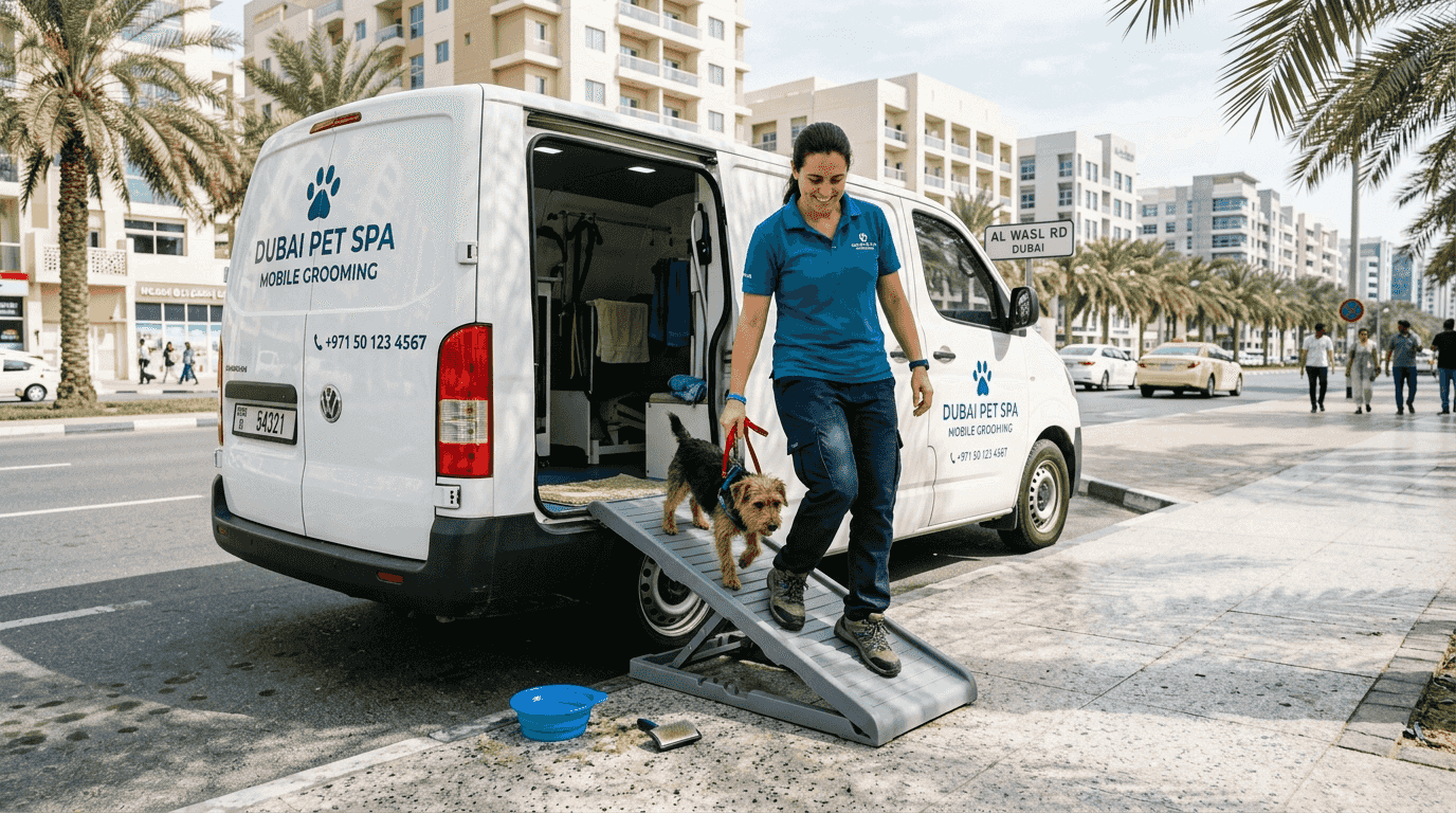 Pet groomer exits van with dog in Dubai street