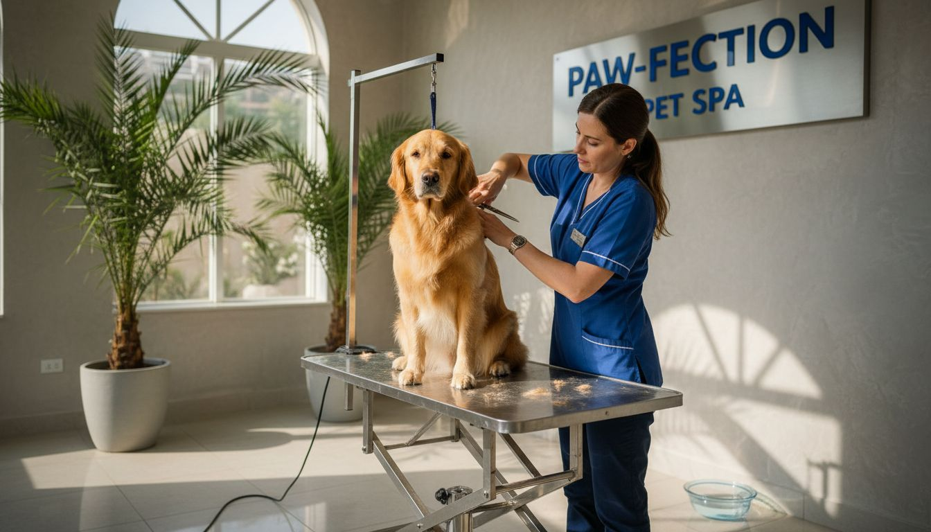 Dog groomer trims golden retriever in Dubai salon