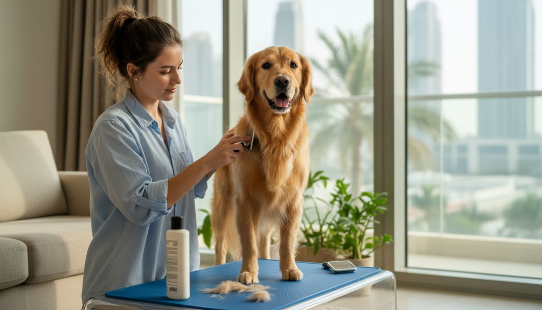 Woman brushing retriever dog in Dubai home