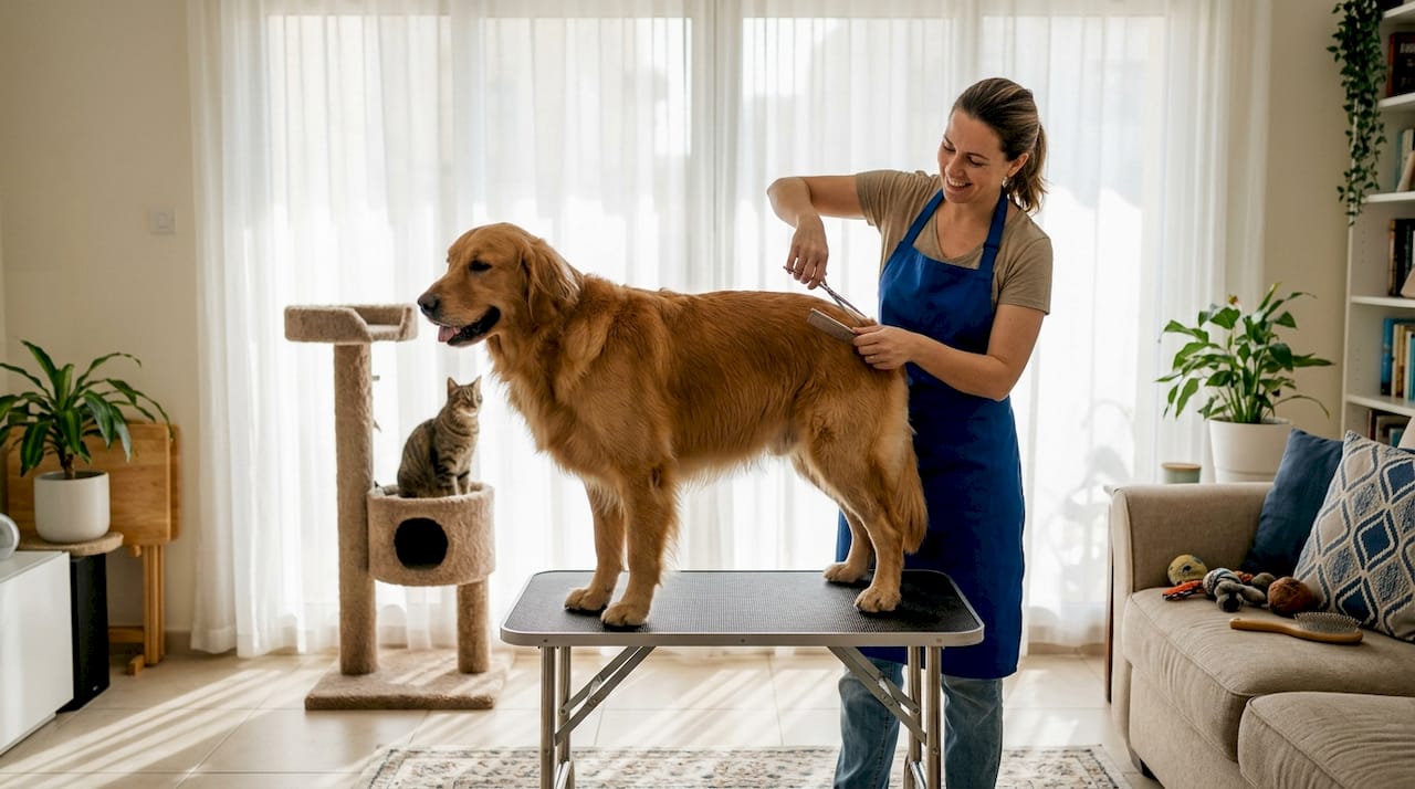 Pet groomer trims dog in Dubai living room