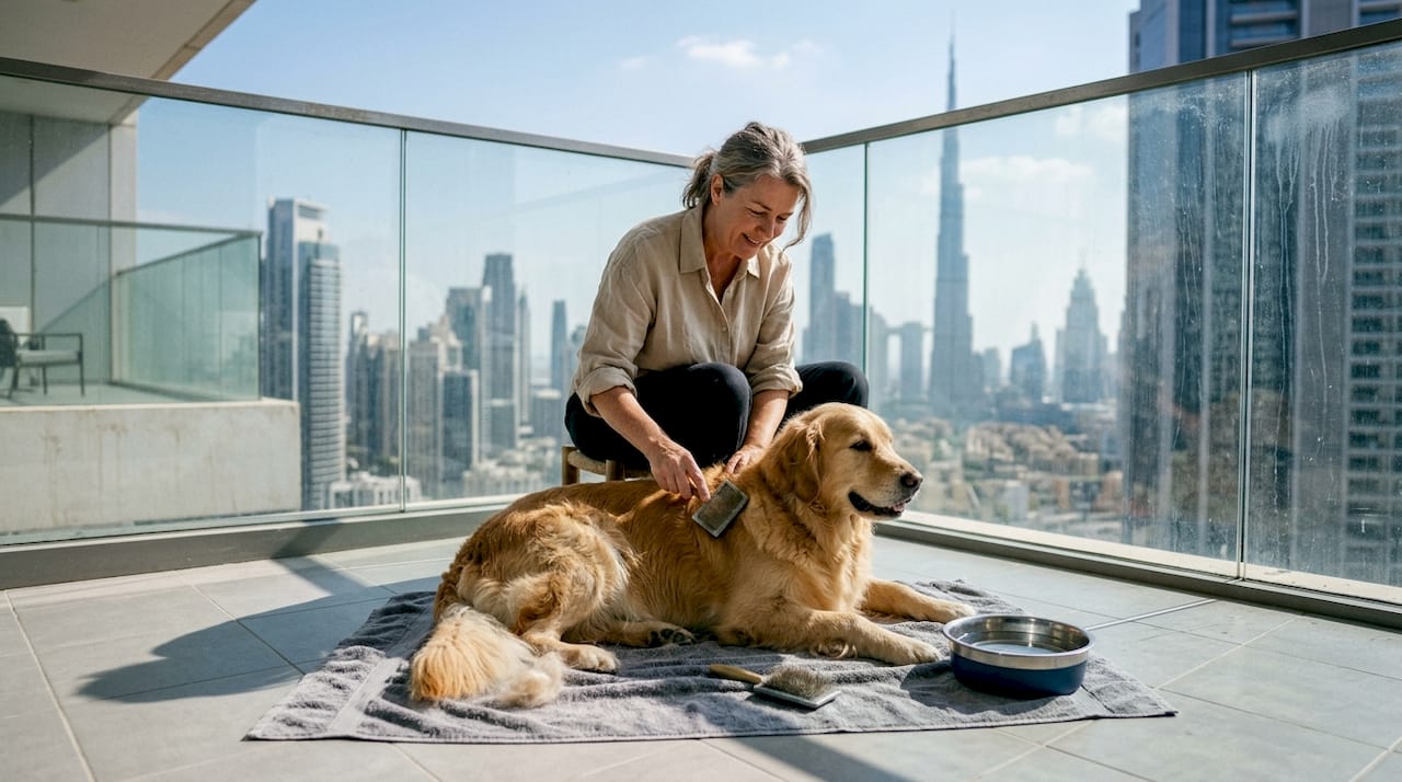 Owner grooming dog on Dubai balcony