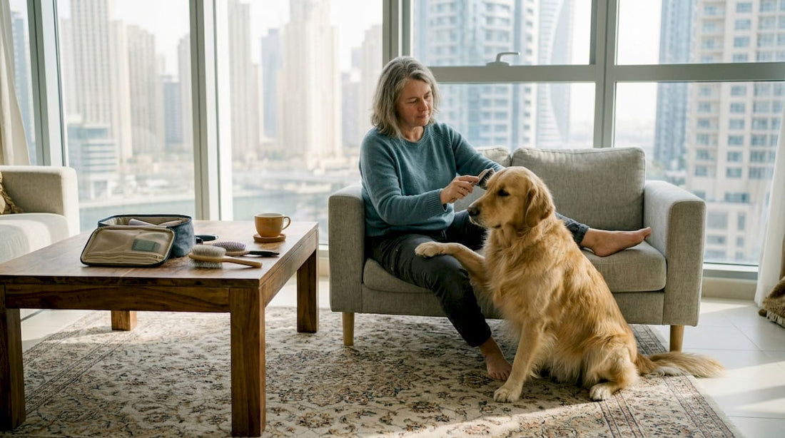 Woman gently grooming dog in Dubai home
