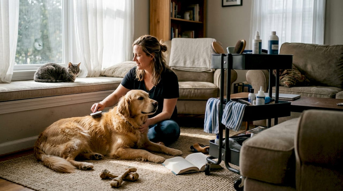 Woman grooming dog with watching cat at home