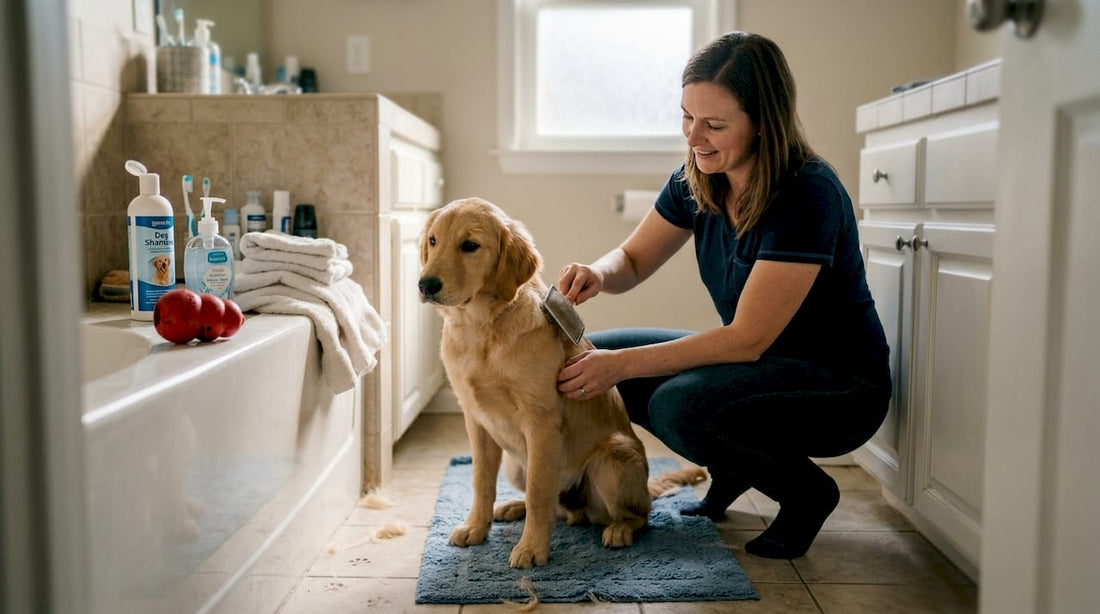 Dog being gently brushed in bathroom at home