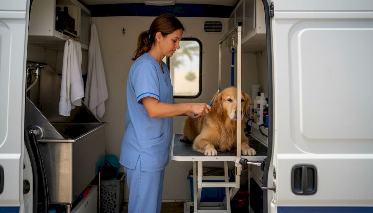 Groomer working inside pet van Dubai