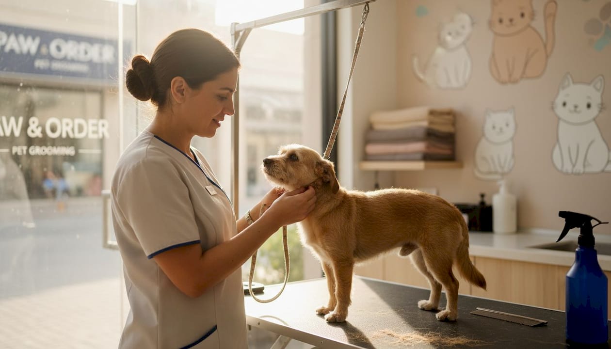 Pet groomer greeting dog in Dubai salon