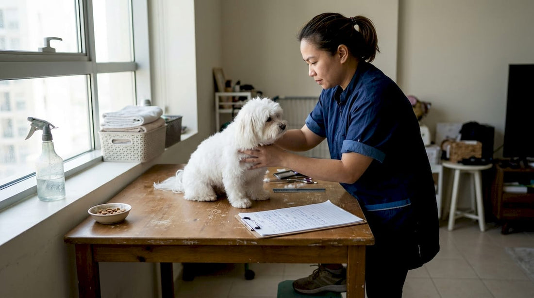 Groomer assesses small dog at grooming table