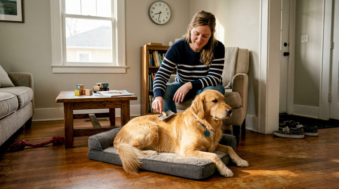 Owner brushing golden retriever before grooming