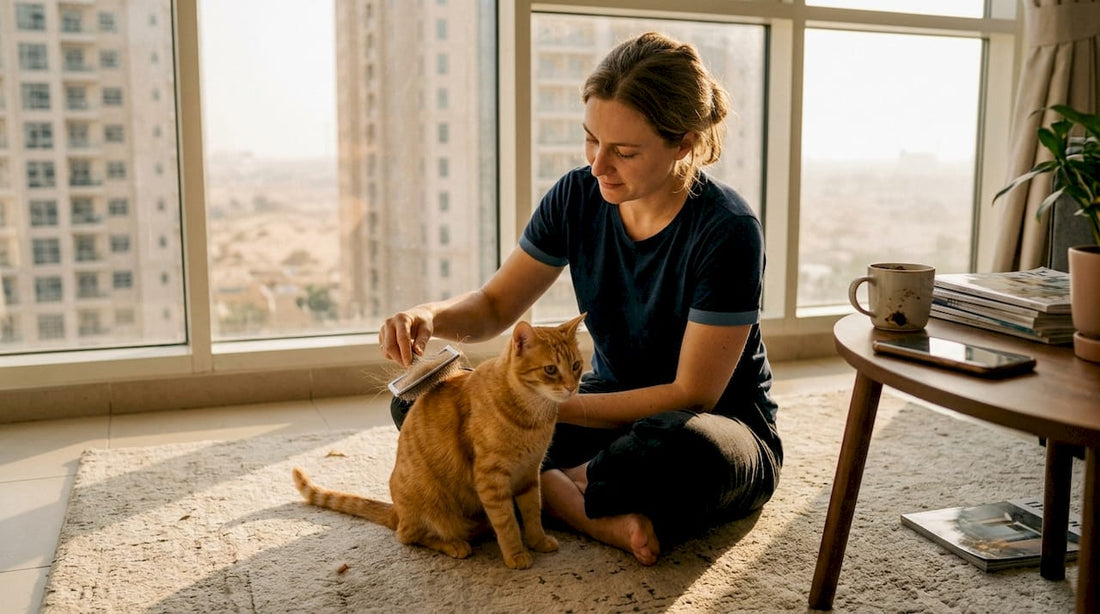 Woman brushing cat in Dubai apartment living room