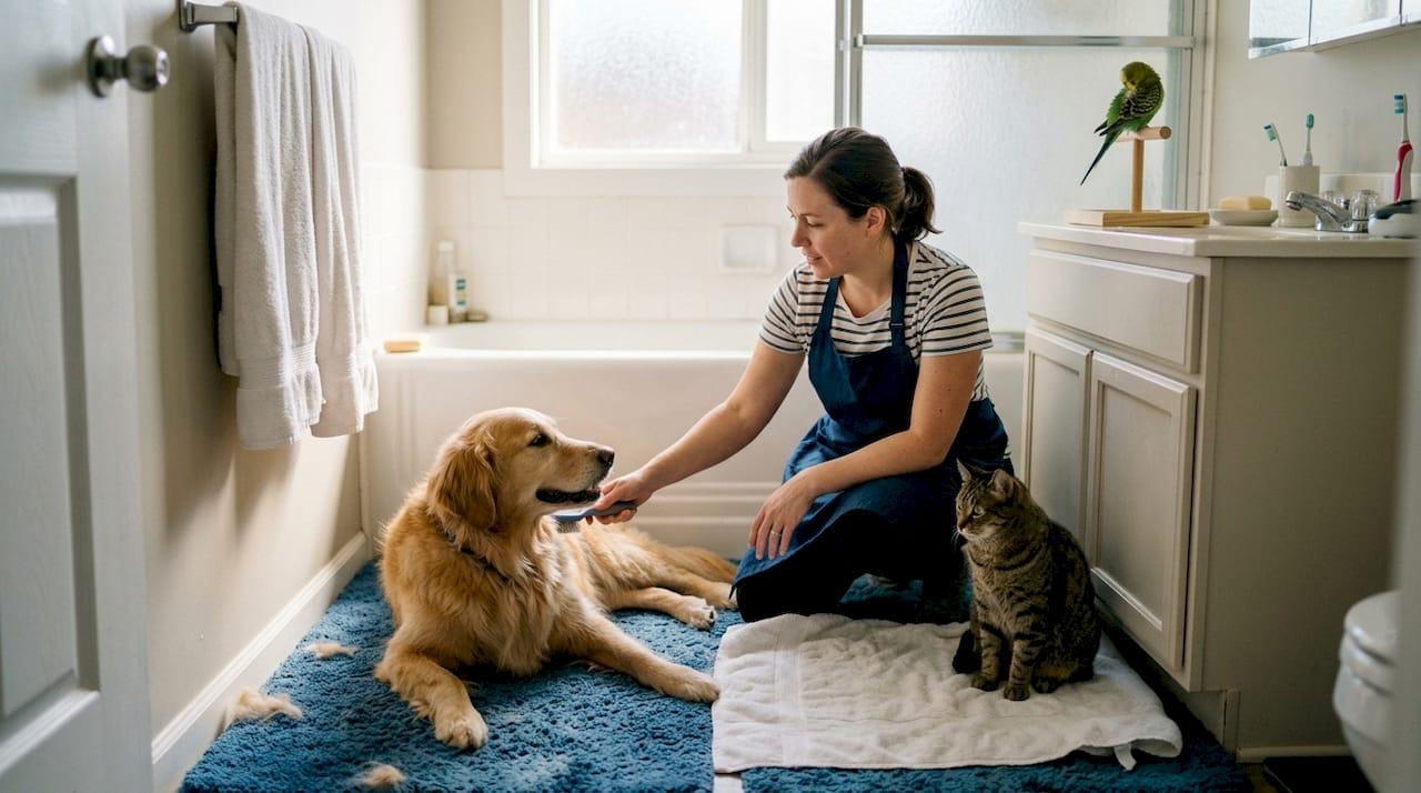 Groomer caring for dog cat and bird at home