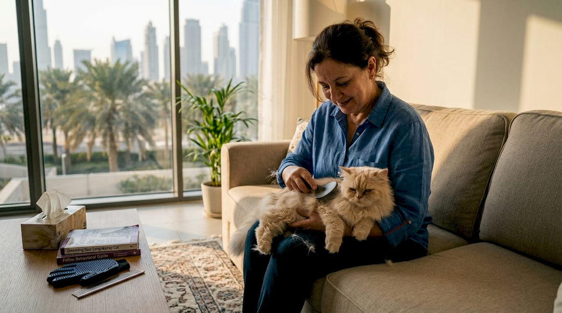 Woman grooming cat in Dubai apartment