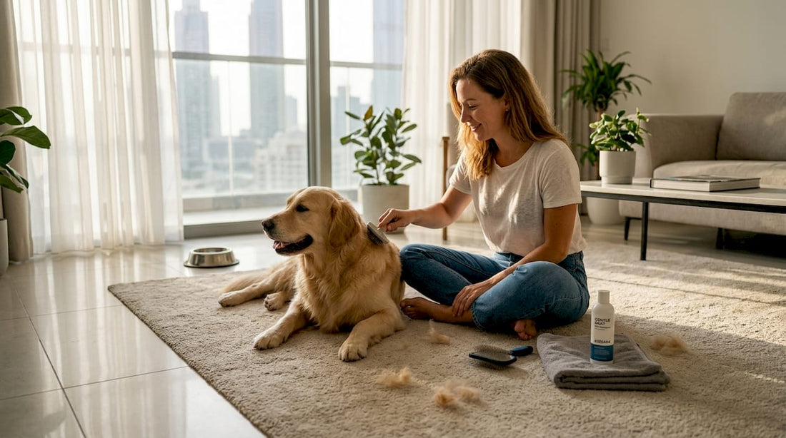 Pet owner grooming dog in Dubai apartment