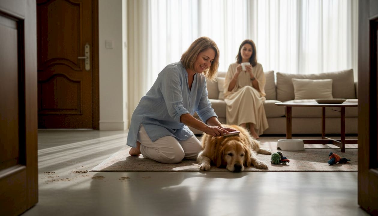 Groomer brushing dog in Dubai apartment