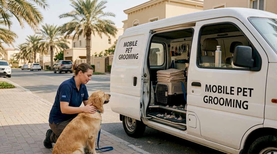 Pet groomer with dog by Dubai mobile grooming van