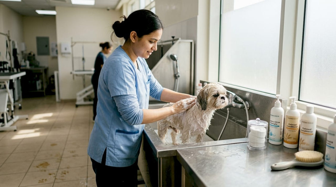 Groomer using vet supplies for pet care