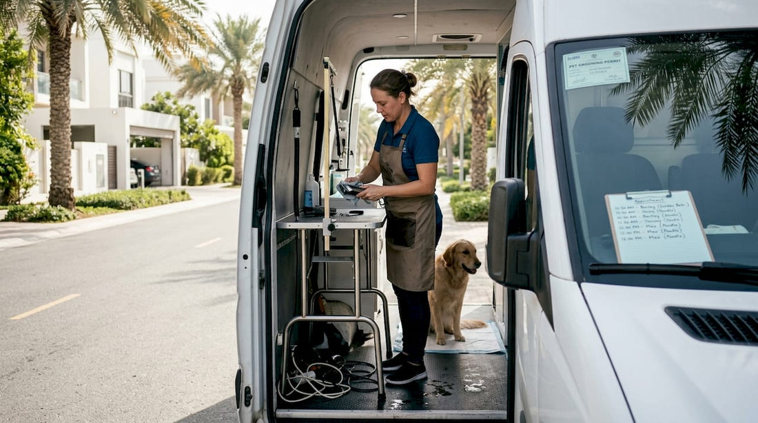 Mobile groomer sanitizes tools inside van