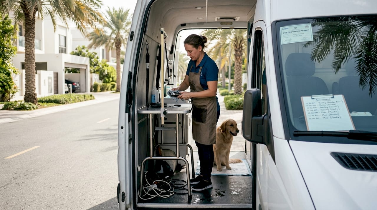 Mobile groomer sanitizes tools inside van