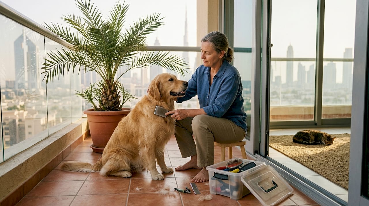 Pet owner brushing golden retriever on Dubai balcony