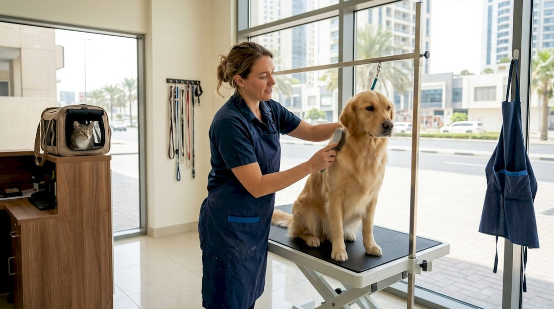 Groomer brushing dog in Dubai pet salon