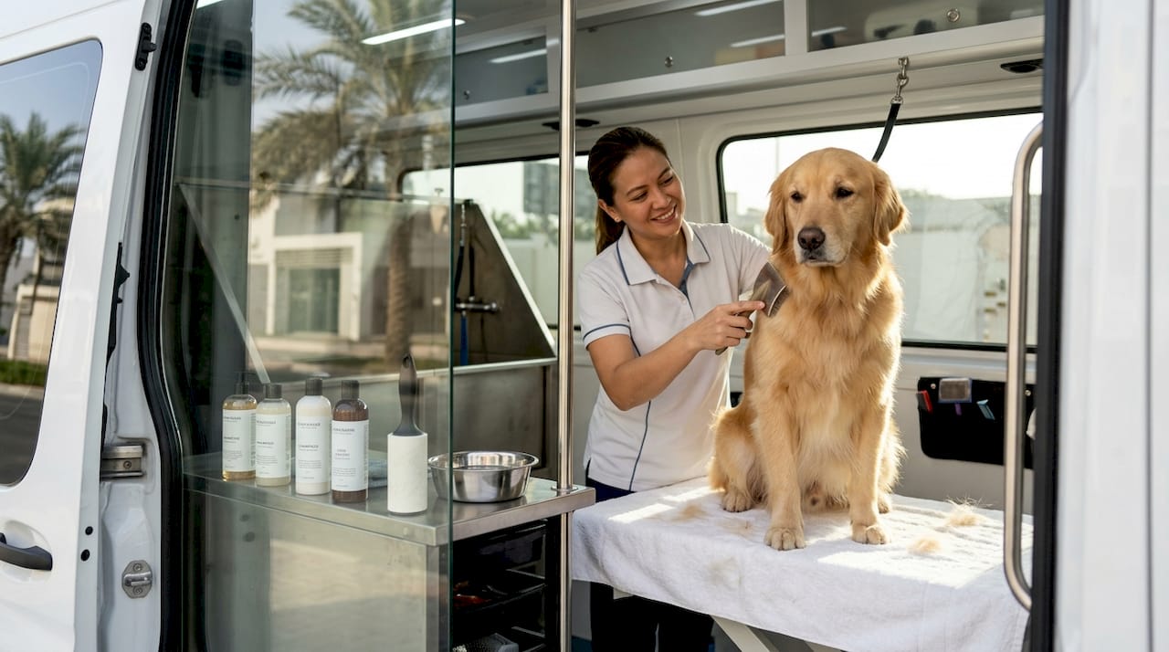 Groomer brushing golden retriever in luxury pet spa van