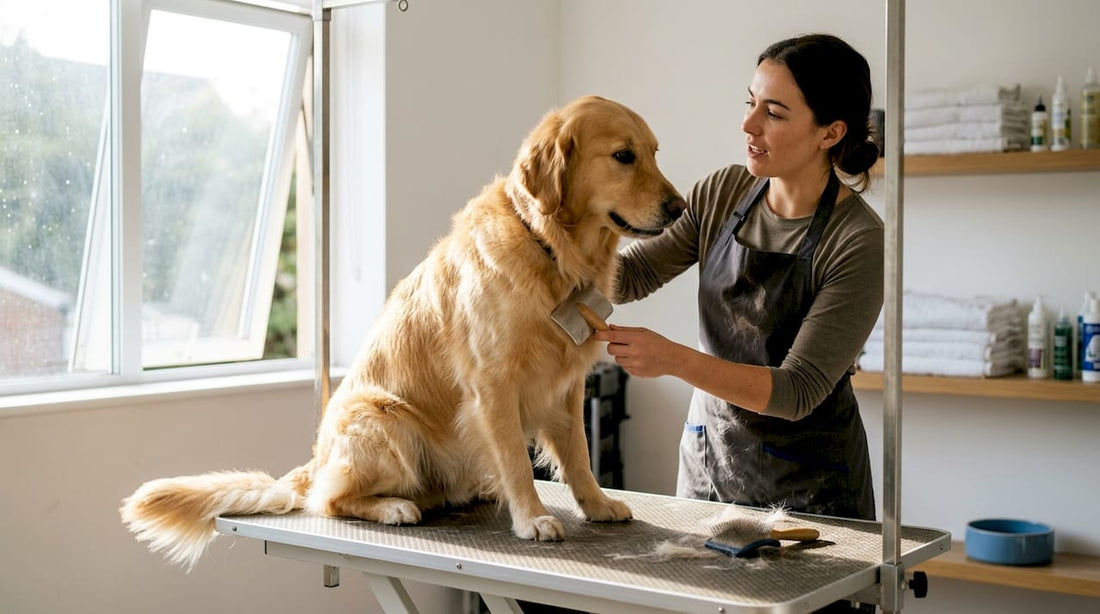 Groomer brushing dog calmly in Dubai studio