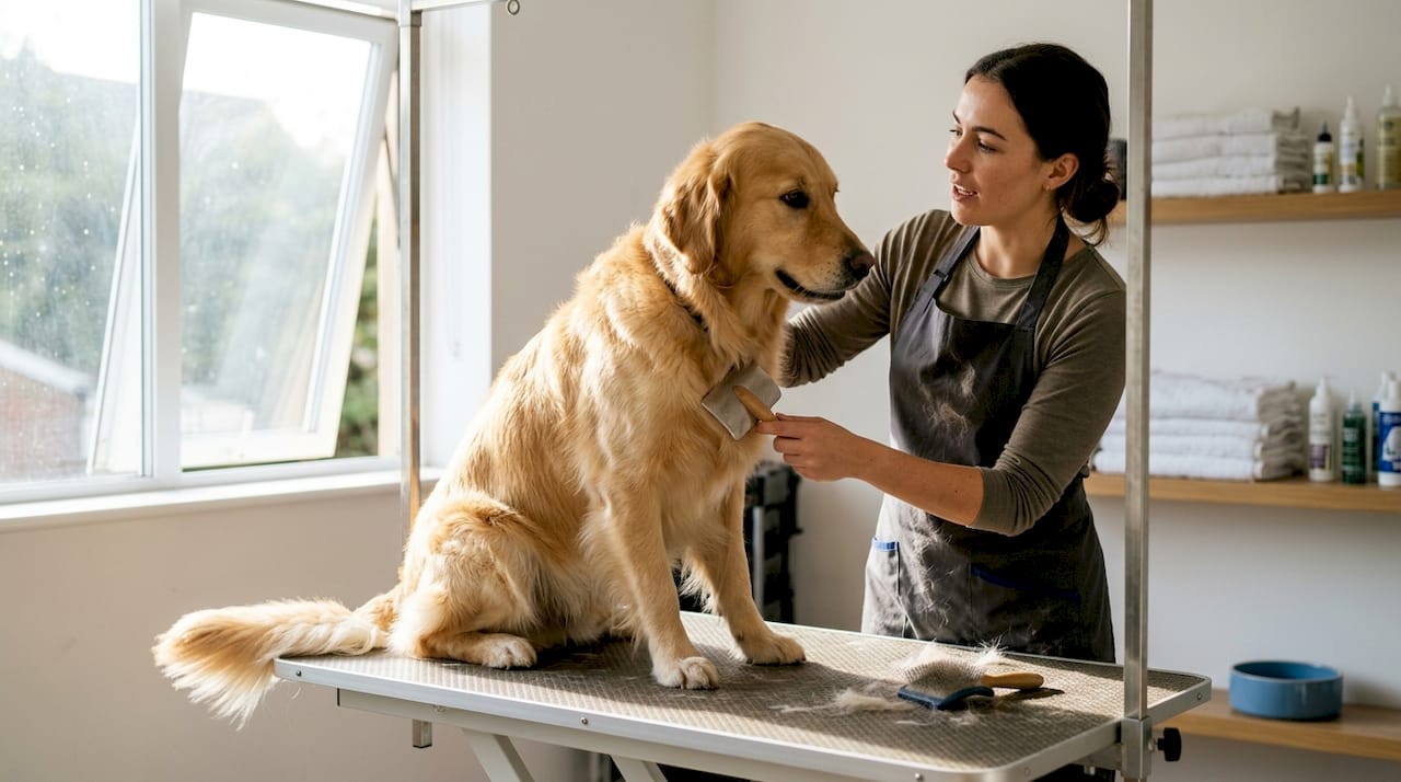 Groomer brushing dog calmly in Dubai studio