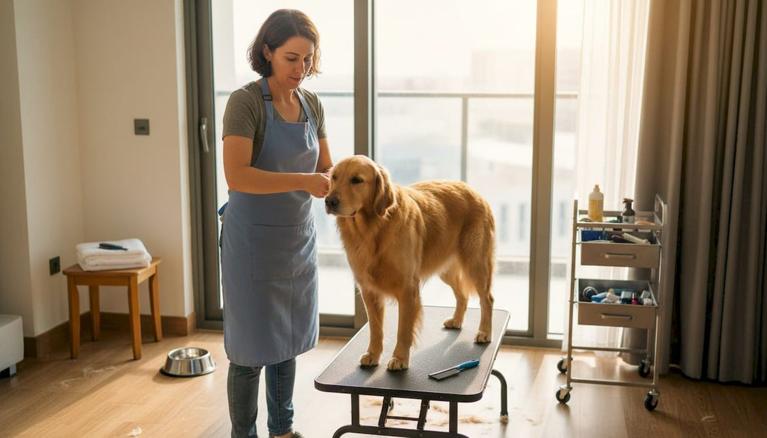 Pet groomer brushing dog in Dubai apartment