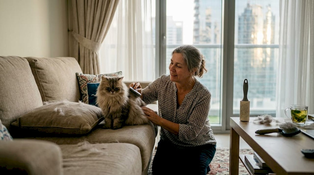 Woman brushing cat in Dubai apartment living room