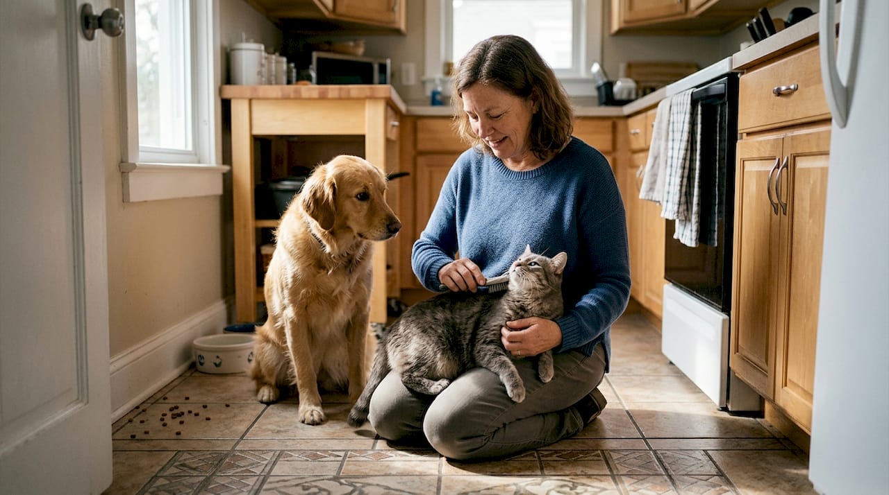 Woman grooming cat and dog in kitchen