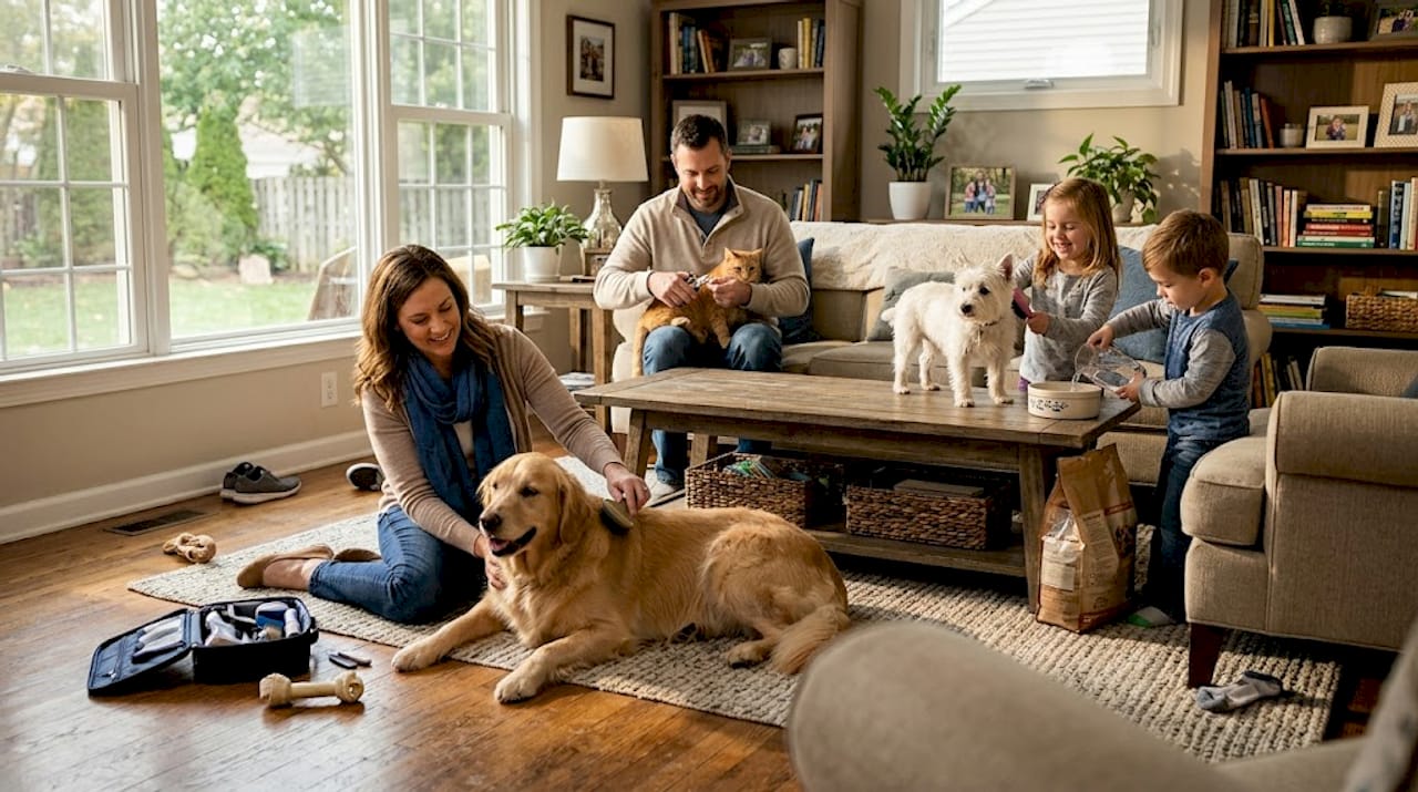 Family grooming multiple pets at home