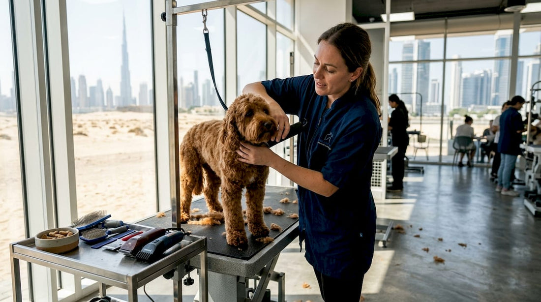 Pet groomer trims dog in Dubai salon
