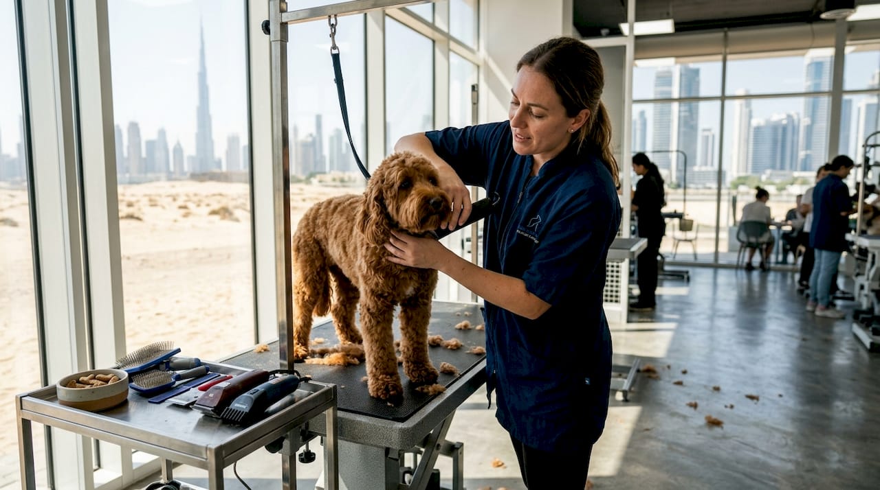 Pet groomer trims dog in Dubai salon