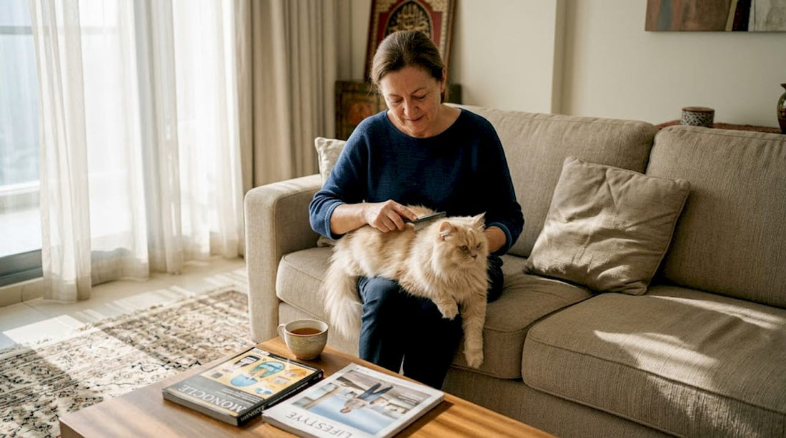 Woman brushing Persian cat in sunny living room