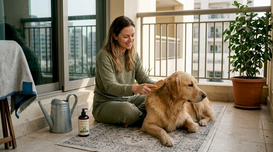 Woman grooming dog on Dubai apartment balcony
