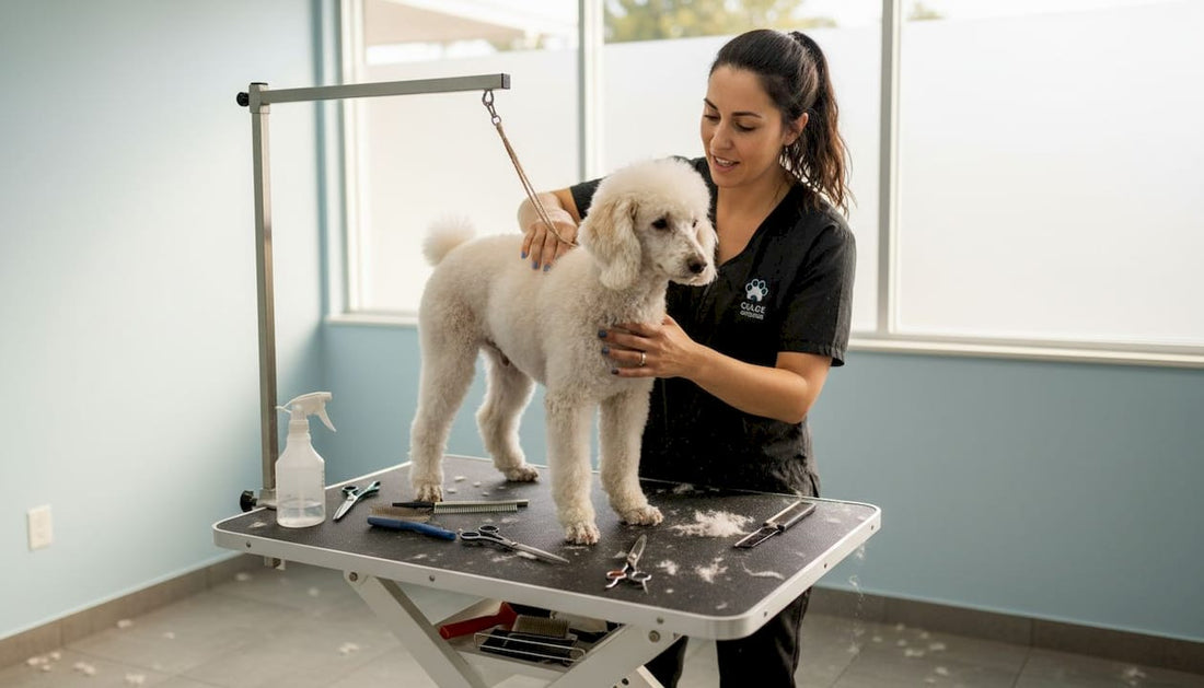 Groomer trims poodle in clean pet studio