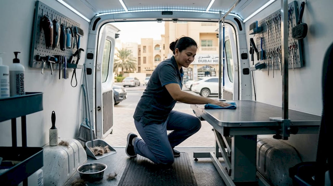 Groomer cleaning inside a pet grooming van