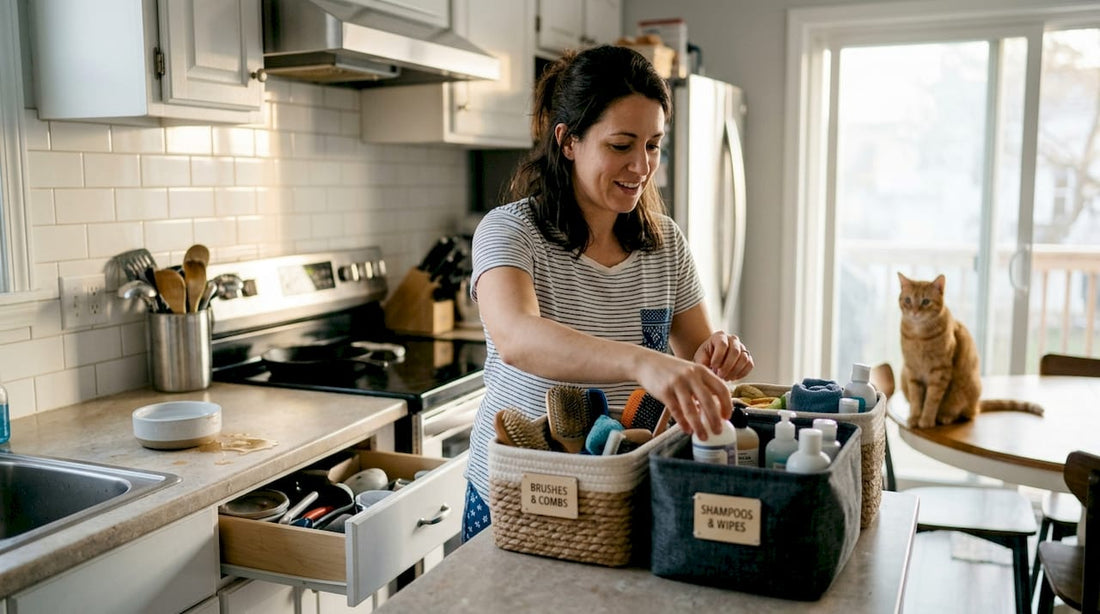 Woman organizing pet grooming supplies in kitchen