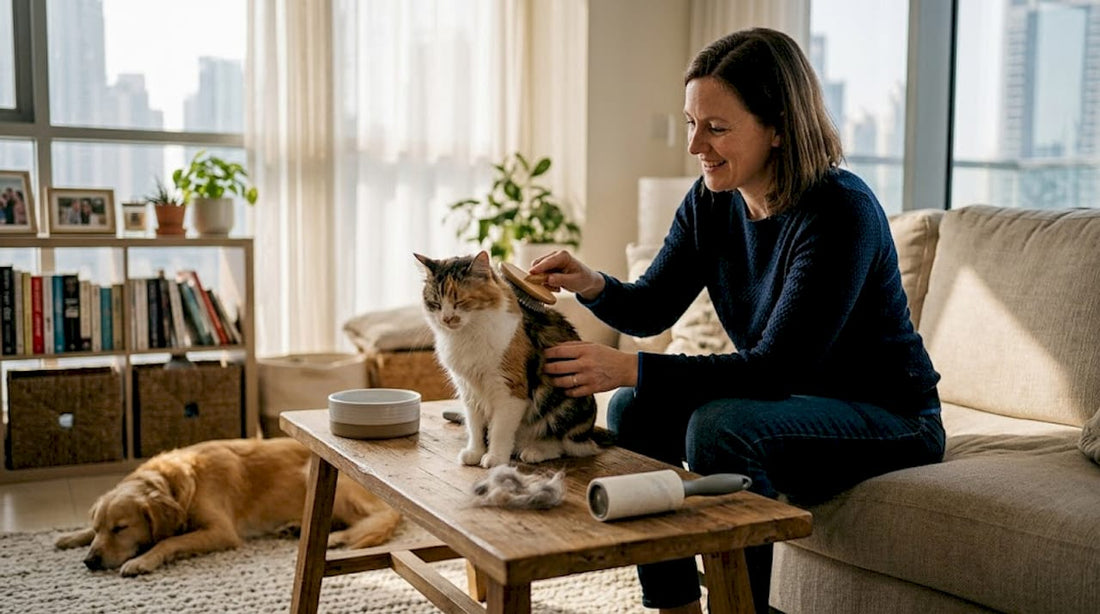 Woman grooming cat in Dubai apartment