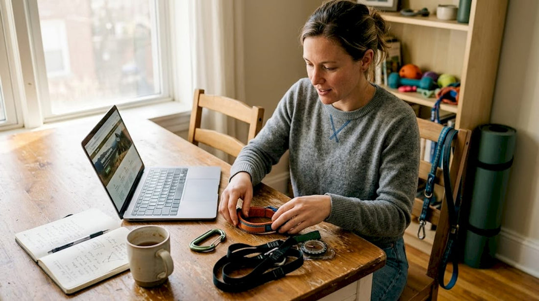 Woman comparing multipurpose straps and pet gear at table