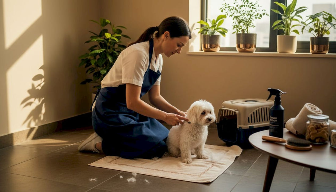 Pet groomer brushing dog in Dubai home